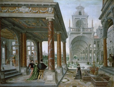 Capriccio di architettura di palazzo con figure che passeggiano, 1596 da Hans or Jan Vredeman de Vries